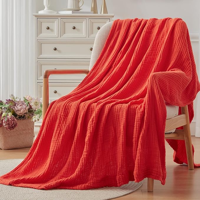 EMME Cotton Throw Blanket - 100% Muslin Soft, Breathable Gauze - All Season, Pre-Washed - Orange Rust, 55"x75"