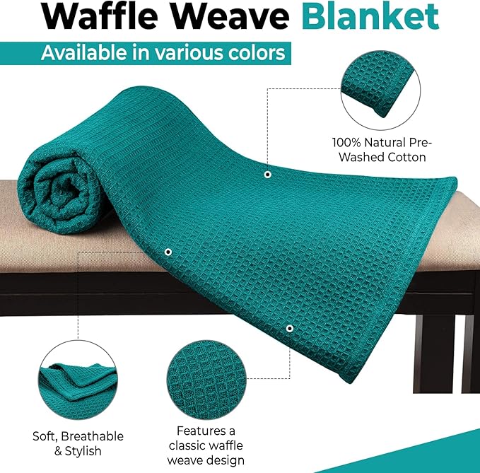 100% Cotton Blankets Queen Size for Bed - Waffle Weave Blankets for Summer, Lightweight and Breathable Soft Woven Blanket for Spring, (Teal, Queen (90" x 90"))