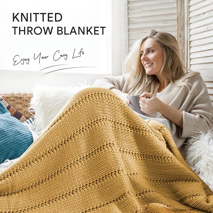 RECYCO Cable Knit Mustard Yellow Throw Blanket Twin Size for Couch, Super Soft Warm Cozy Decorative Knitted Throw Blanket 3.6LB for Bed, Sofa, Chair Large 60"x80"