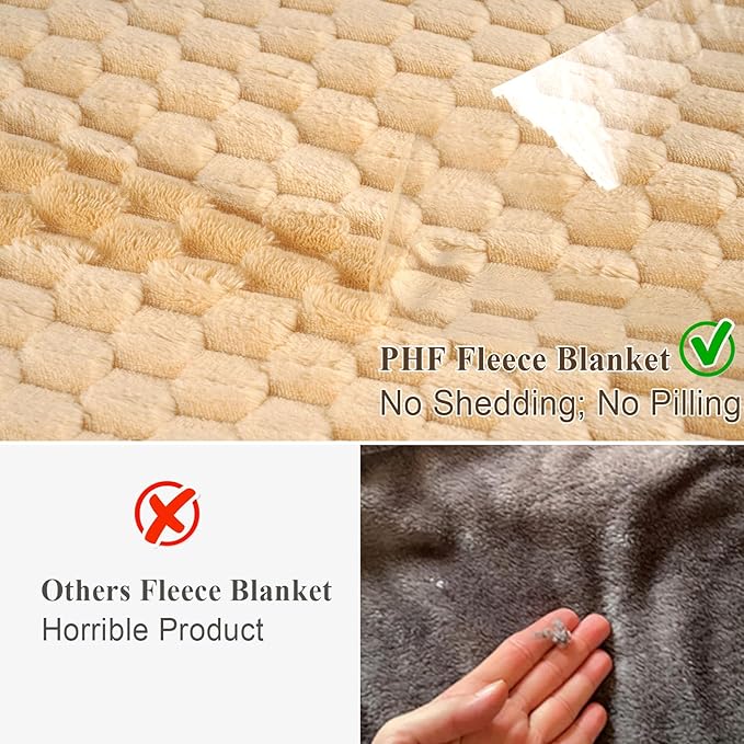 PHF Ultra Soft Flannel Fleece Throw Blanket, Lightweight 3D Jacquard Fleece Blanket, No Shedding, No Pilling, Luxury 340GSM Aesthetic Fluffy Cozy Throws for Couch Room Decor, 50"x60", Beige