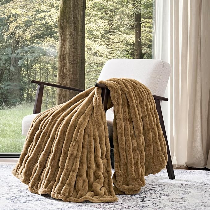 EVERGRACE Luxurious Soft Faux Rabbit Fur Throw Blanket, Cozy Fuzzy Plush Warm Throws for Couch Bed Sofa Chair Home Decor, Ruched Bubble Fluffy Blanket with Reversible Velvet, 60" x 80", Camel