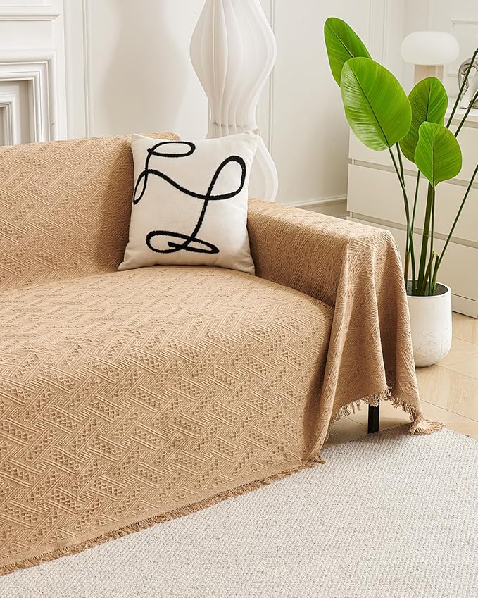 AIVIA Couch Cover Sheet Blanket, Oversized Covers for 3 Cushion Sofa, Large Furniture Decoration Slipcovers, L-Shape U-Shaped Sectional Protector for Cats Dogs Pets (Khaki, 71” x 118”)