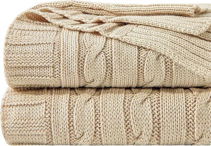 NTBAY 100% Pure Cotton Cable Knit Throw Blanket, Super Soft Warm 51x67 Knitted Throw Blanket for Couch, Sofa, Chair, Bed - Extra Cozy, Machine Washable, Comfortable Home Decor, Khaki