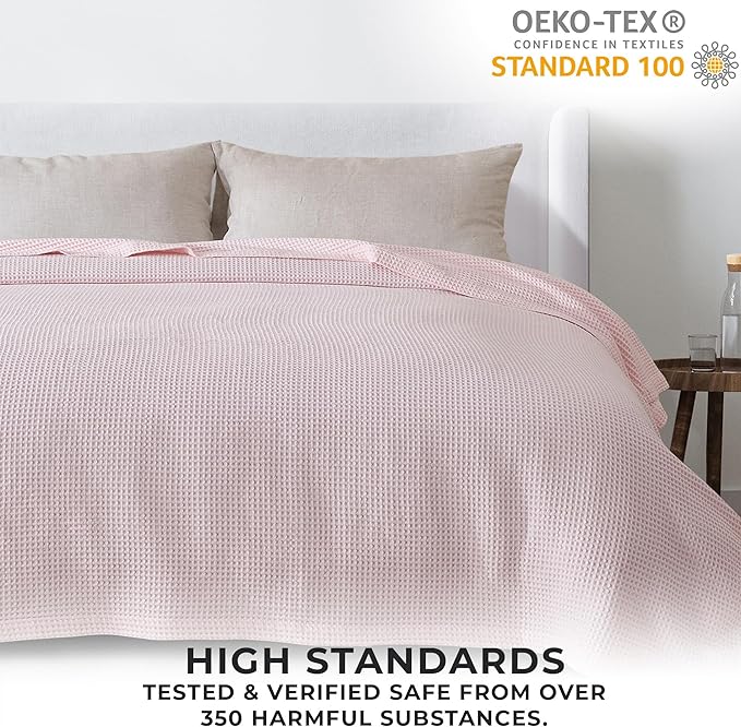 100% Cotton Blanket for King Size Bed - Pink Waffle Weave Lightweight Summer Bed Blanket - 102x90in Prewashed Breathable, Woven, Layering Blanket (King, Blush)