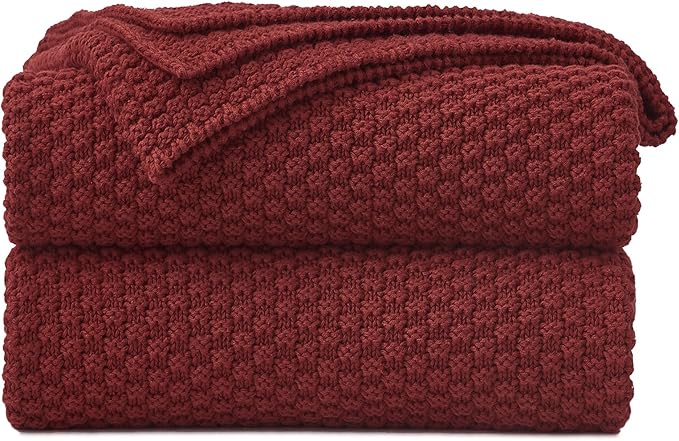 Longhui bedding Wine Red Knitted Throw Blanket for Couch, Cozy Machine Washable 100% Cotton Sofa Knit Blankets, 51 x 63 Inches, Burgundy Color