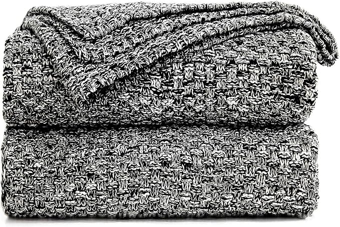 Longhui bedding Black Knitted Throw Blanket for Couch, Soft, Cozy Machine Washable 100% Cotton Sofa Blanket, Heavy 2.5lb Weight, Laundry Bag Included, Black and White