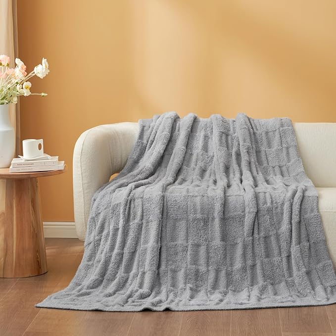 Snuggle Sac Faux Fur Throw Blanket for Couch, Knitted with Microfiber Fancy Yarn Blanket, Cozy Soft Warm Blankets for Sofa Bedroom Living Room,Solid Light Grey,50x60 inches