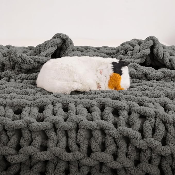 Knit Blanket 50"x60" Dark Grey Cream Soft Washable Chenille Throw Blanket Cozy 100% Handmade Crochet Blankets with Jumbo Chenille Yarn for Couch Bed Sofa Room Decor
