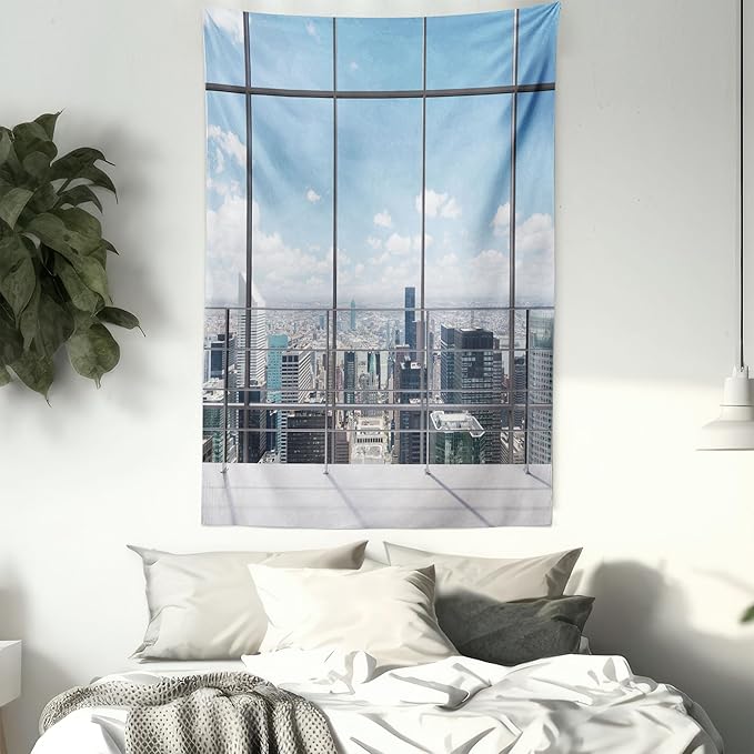 Ambesonne Urban Tapestry, Modern Office Work Place View to City Architecture Contemporary Plan, Fabric Wall Hanging Decor for Bedroom Living Room Dorm, 30" X 45", White