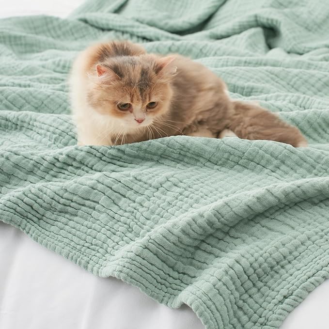 Carriediosa 100% Cotton Muslin Throw Blanket 66" X 90" Twin XL Size,4-Layers Summer Gauze Throws for Bed Couch,Soft Lightweight Breathable Linen Blankets Bedspread for Adults All Season,Sage Green