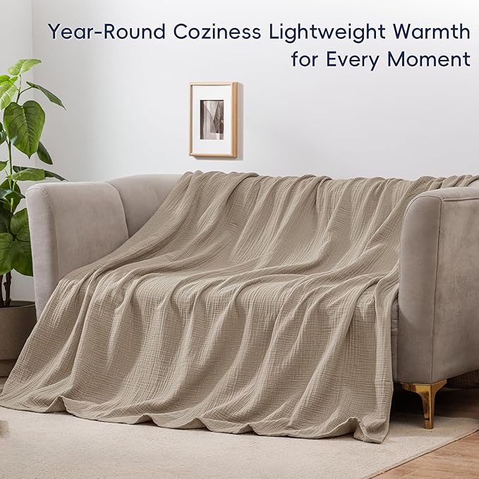 PHF 100% Cotton Muslin Blanket Twin Size 66" x 90", 4-Layer Lightweight and Breathable Blanket for Summer, Luxuriously Soft Gauze Bedding for Bed, Natural Minimalism Style, Ideal Gift, Simply Taupe