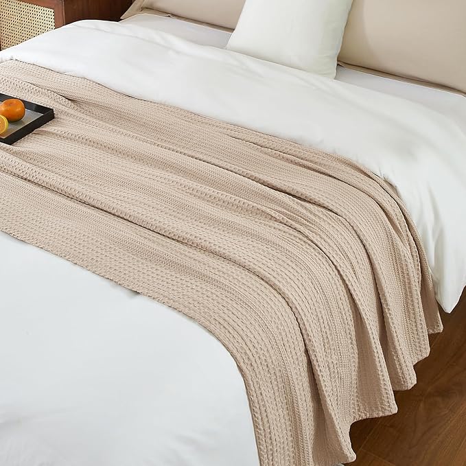 PHF Lightweight Waffle Weave Blanket King Size, Breathable & Ultra Soft, 104"x 90" Soft & Cozy Thin Blanket, Perfect for Summer & Hot Sleepers, Bed, Home Decor - Light Tan