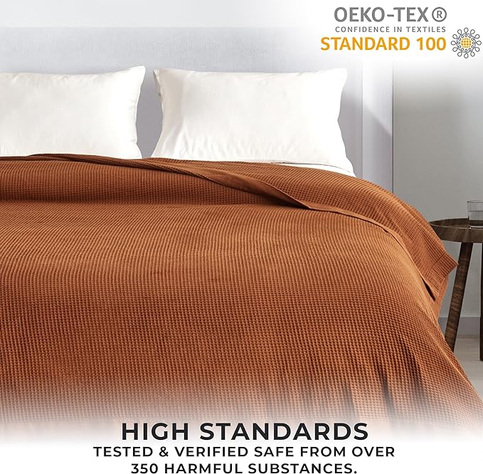 Great Bay Home 100% Cotton Blanket for Twin Size Bed | Lightweight and Breathable Waffle Weave Blankets for Summer & Spring | Versatile, Layering Orange Bed Blanket, Terracotta, 90x66 inches