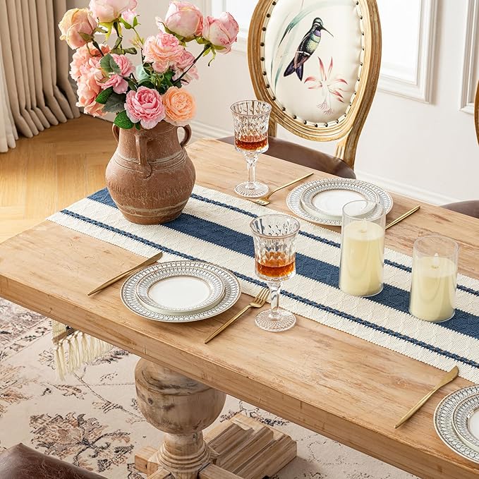 Fancy Homi Dusty Blue Table Runner 60 Inches Long Boho Macrame Table Runner for Home Decor, Farmhouse Table Runners with Tassels for Party Bohemian Rustic Bridal Shower Dining Decor 12x60 Inches