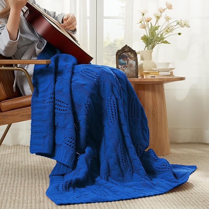 Amélie Home Chunky Knit Chenille Throw Blanket, Breathable Cable Knitted Blanket for Couch, Farmhouse Decorative Throw for Sofa Chair Bed, 50"x60", Blue