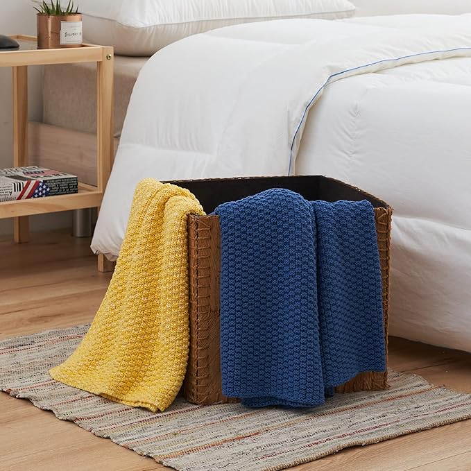 Longhui bedding Blue Knitted Throw Blanket for Couch, Soft, Cozy Machine Washable 100% Cotton Sofa Knit Blankets, Heavy 4.0lb Weight, 60 x 80 Inches, Laundry Bag Included