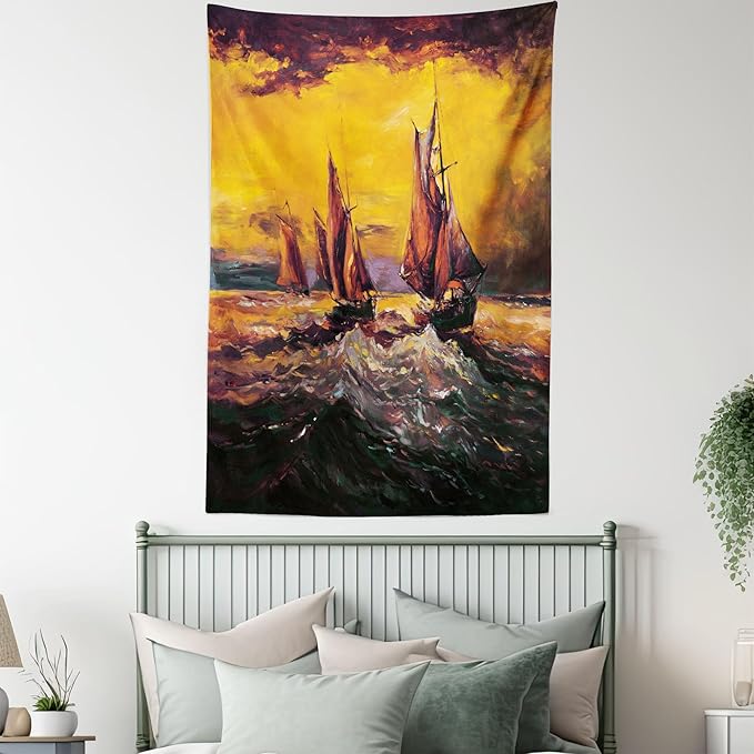 Ambesonne Country Tapestry, Image of Old Sailboats Ships Cruising in Waves at Sunrise Time Dark Sky Art, Fabric Wall Hanging Decor for Bedroom Living Room Dorm, 23" X 28", Yellow Orange
