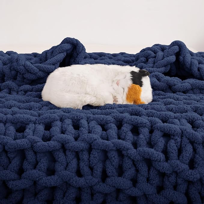 Knit Blanket 40"x50" Navy Blue Cream Soft Washable Chenille Throw Blanket Cozy 100% Handmade Crochet Blankets with Jumbo Chenille Yarn for Couch Bed Sofa Room Decor
