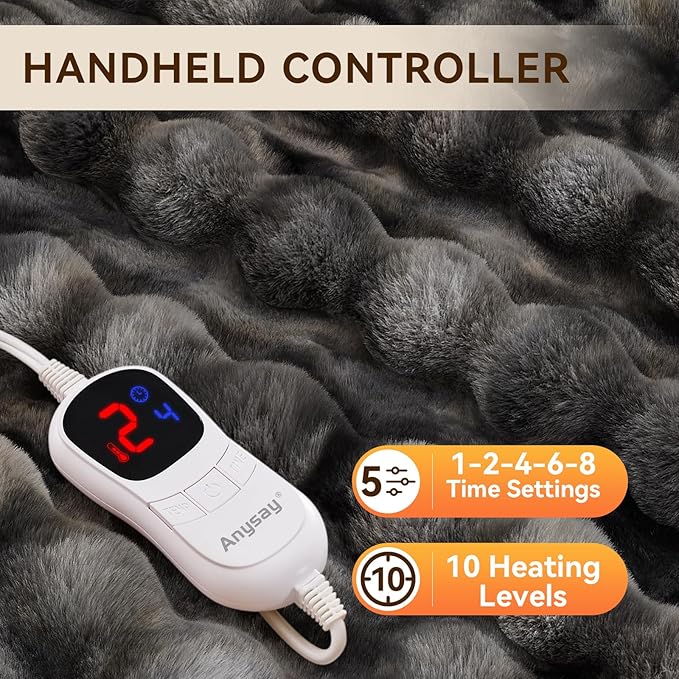 Heated Blanket Throw with 1/2/4/6/8 Hours Auto-Off 10 Heat Level, 50'' * 60'' Cozy Faux Rabbit Fur Bubble Electric Blanket with Overheat Protection(Tie-Dye Dark Grey)