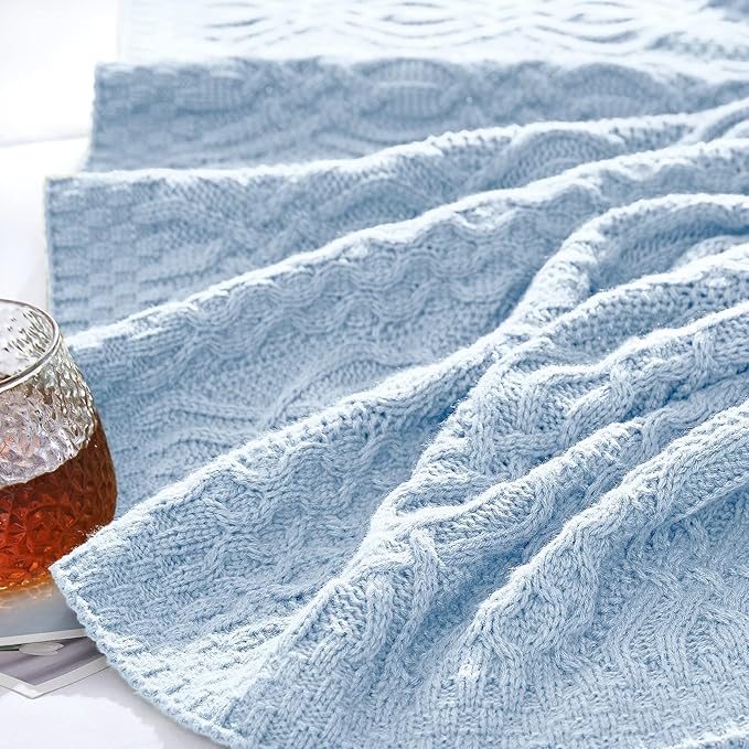 Aormenzy Light Blue Cable Knit Throw Blanket, Soft & Warm Knitted Blanket Throw for Couch Bed Sofa Living Room, 50 x 60 inch