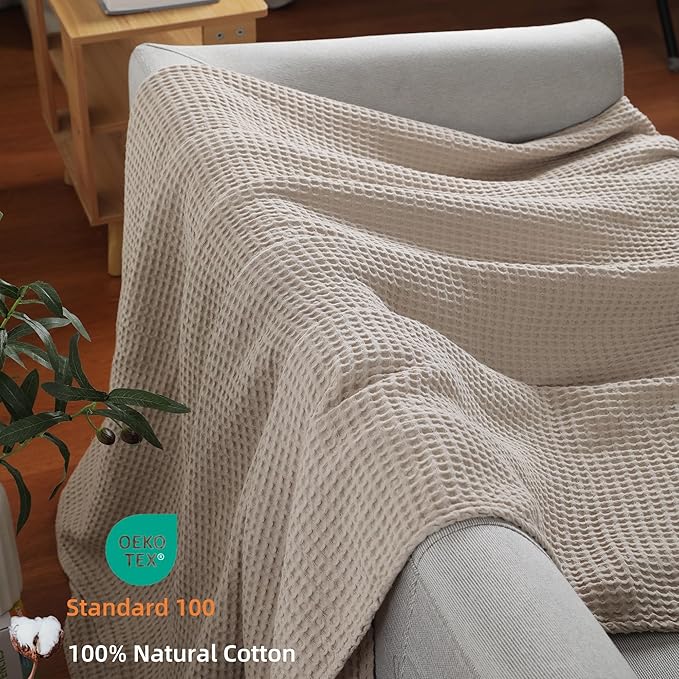 100% Cotton Waffle Blanket (Khaki - King Size - 104 * 90''), Pre-Washed and Anti-Shrinkage Soft Lightweight Bed & Couch Blanket, 380 GSM Waffle Weave Throw Blanket for All Seasons