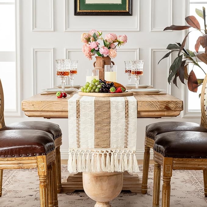 Fancy Homi Boho Table Runner 60 Inches Long Neutral Macrame Table Runner for Home Decor, Tan Farmhouse Table Runners with Tassels for Party Bohemian Rustic Bridal Shower Dining Decor 12x60 Inches