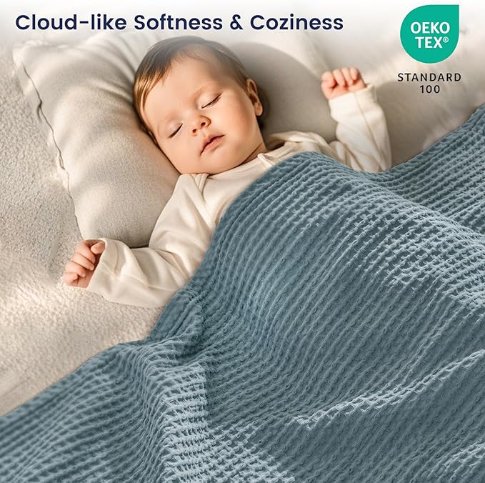 PHF Pre-Washed Cotton Waffle Weave Blanket King Size for Bed,Snag Proof Throw for Couch Spring Summer,Lightweight Breathable,Oeko-TEX Certified,Machine Washable, Home Decor Gift-Ocean/Sliver Blue