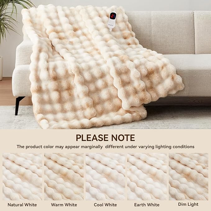 Heated Blanket Throw with 1/2/4/6/8 Hours Auto-Off 10 Heat Level, 62'' * 84'' Cozy Faux Rabbit Fur Bubble Electric Blanket with Overheat Protection(Beige)