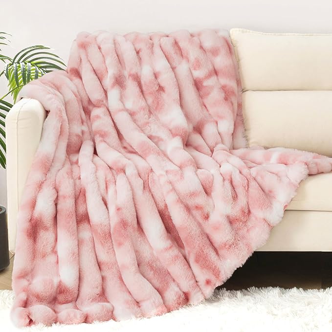 Touchat Luxury Faux Rabbit Fur Twin Blanket for Couch, Super Heavy Warm Cozy Throw for Sofa Bedroom Living Room, Ultra Soft Fluffy Reversible Plush Blankets for Home Decor Gifts, Tie-dye Pink