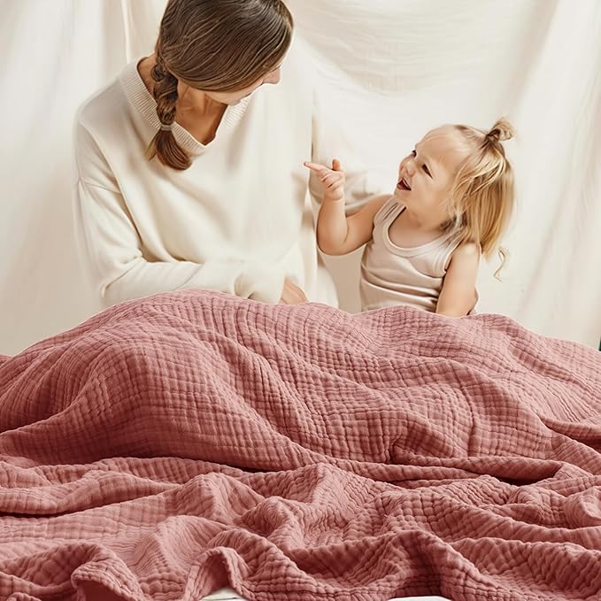 Carriediosa 100% Cotton Muslin Throw Blanket 90" X 90" Queen Size,4-Layers Summer Gauze Throws for Bed Couch,Soft Lightweight Breathable Linen Blankets Bedspread for Adults All Season,Mauve