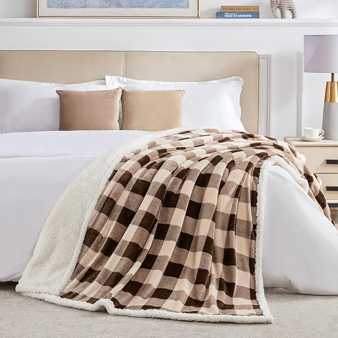Touchat Sherpa Buffalo Plaid Christmas Twin Blanket 60" X 70", Fuzzy Fluffy Soft Cozy Throw Blanket, Fleece Flannel Plush Microfiber Blanket for Couch Bed Sofa(Brown)