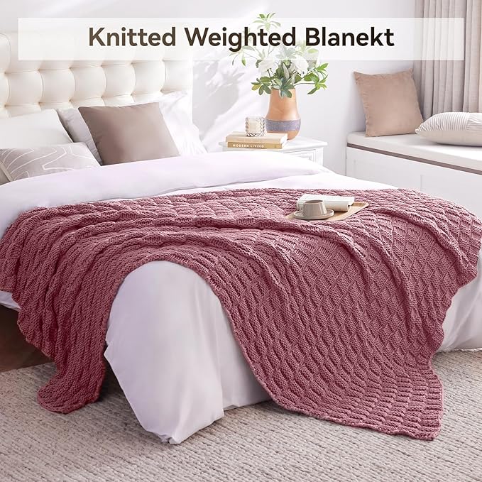Knitted Weighted Blanket Kids, No Beads Heavy Blanket 36” x 48'' 3lbs, Breathable Chunky Knit Blanket, Cooling Weighted Blanket for Hot Sleepers, Christmas Home Decor (Pink)