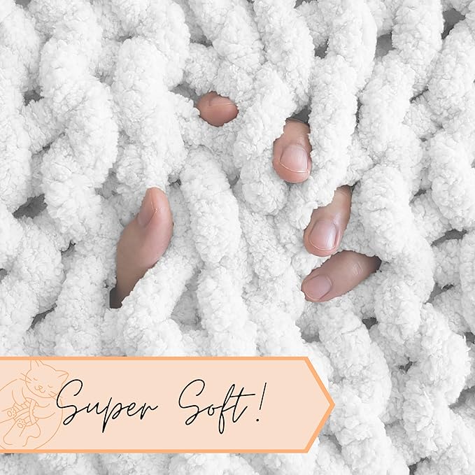 Adyrescia Chunky Knit Blanket Throw | 100% Hand Knit with Jumbo Chenille Yarn (40"x50", Bright White)