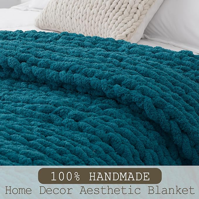 Chunky Knit Throw Blanket 50"X 60", 100% Handmade with Soft Chenille Yarn, 4.4lbs Thick Cable Knitted Blankets, Large Rope Knot Crochet Throws for Couch Sofa Bed Home Decor, Teal