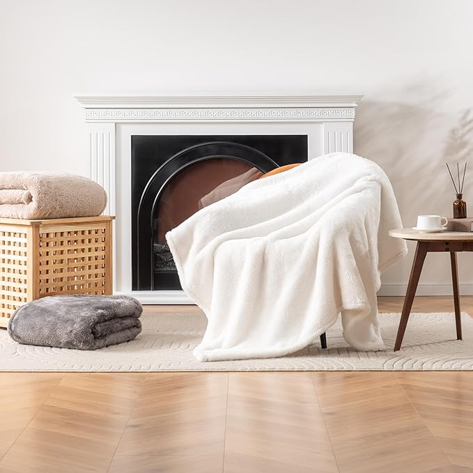 Berkshire Blanket Classic Extra-Fluffy™ Plush Blanket Queen Size, Soft Fuzzy Fluffy Long Hair Blanket for Couch Sofa Bed, Cream, 90x90 Inches