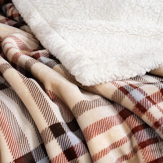 PU MEI Sherpa Fleece Throw Blanket 80" x 90" Reversible Plush Fluffy Large Big Blanket Lattice Flannel Blankets for All Season Use, Beige Stripe