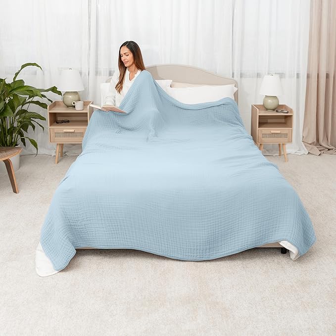 Comfy Cubs Muslin Blanket for Adults Queen 90" x 90" - 6 Layer Soft, Breathable & Lightweight Muslin Adult Blanket - Machine Washable & Designed in The US Bedding for All Seasons - Sky Blue