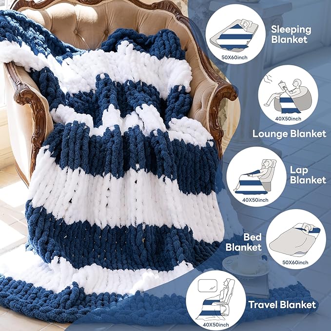 Chunky Knit Blanket - Luxury Soft Cozy Queen Size(50 * 60) Throw Blanket,100% Woven Blanket Rope Knot Throw Blanket for Couch, Sofa, Home Decor, Gift - Machine Washable(White/Deep Blue)