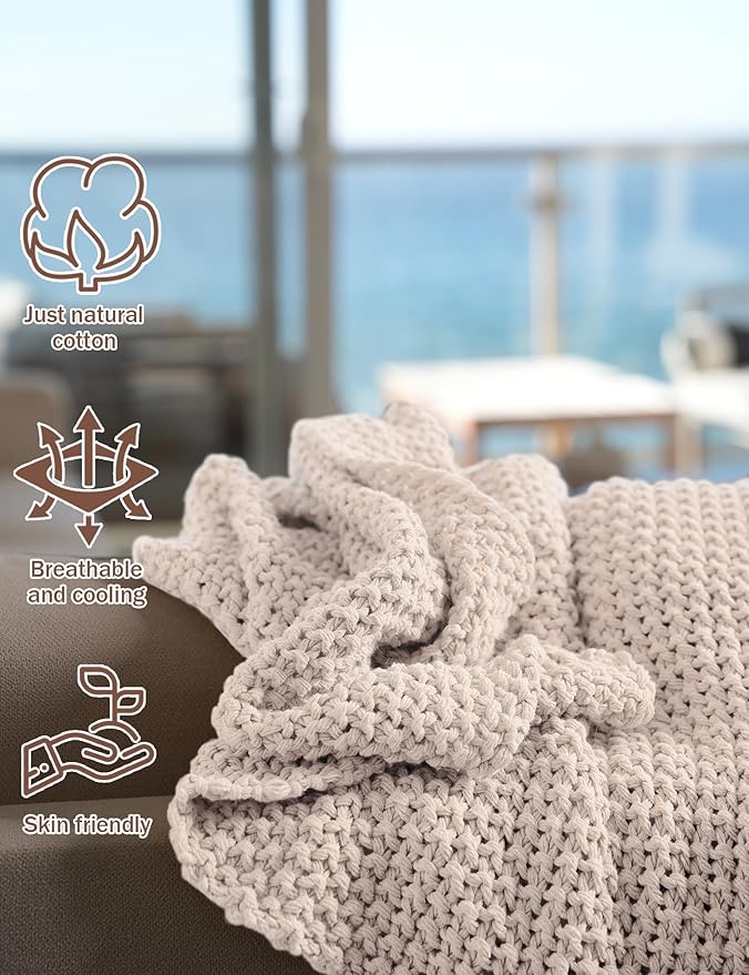 Chunky Cotton Knit Throw Blanket, Light Weight Cable Knit Throws for Bed Couch Sofa, Comfy & Relaxing, Decorative Piece for Farmhouse Modern Rustic Scandinavian Chic Vibe, Cream 50x60 Inches