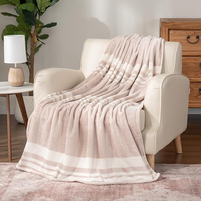 Berkshire Blanket-Classic Heavyweight Soft Printed VelvetLoft® Plush Throw Blanket, Cozy and Fuzzy, Stripe Cream, 50in x 70in