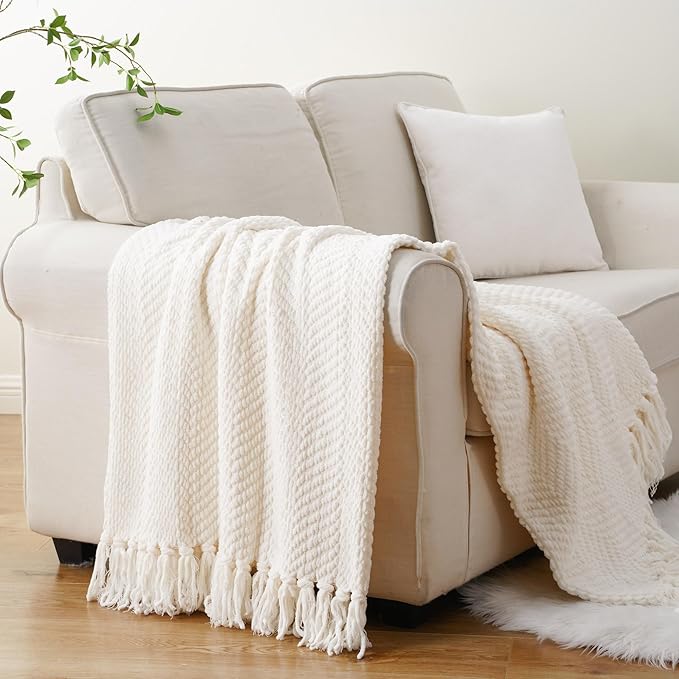 BATTILO HOME Cream White Throw Blanket for Couch, Ivory Throw Blanket for Bed, Warm Decorative White Blanket Throw for Home Decor, 50" x 60"