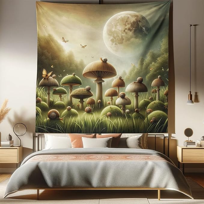Ambesonne Mushroom Tapestry Queen Size, Dreamy Space Aura Fantasy Meadow Illustration Featuring Moon and Woods, Wall Hanging Bedspread Bed Cover Wall Decor, 88" X 88", Reseda Green and Khaki