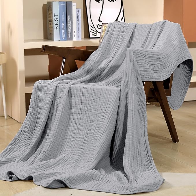 Yoofoss Muslin Blanket 100% Cotton Throw Large 50" x 60" for Bed Couch Summer Gauze Blanket for Adults Lightweight and Breathable Grey