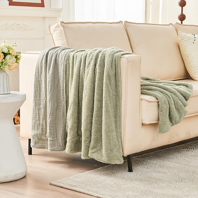 EMME Muslin Cotton Fleece Throw Blanket Reversible - 50"*60" Sage Green Soft Warm Throw Blankets for Couch Bed Picnic Travel Bed