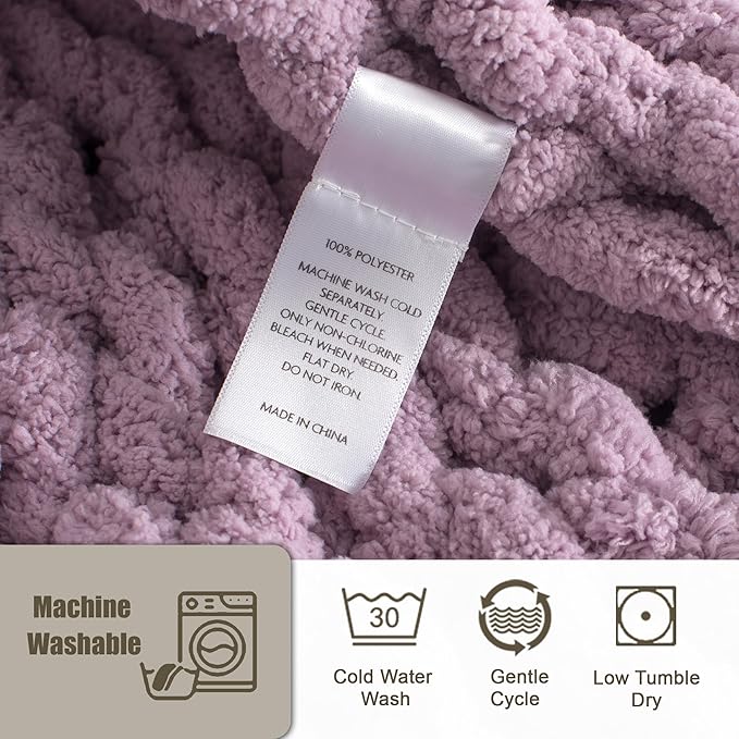 Chunky Knit Throw Blanket 50"X 60", 100% Handmade with Soft Chenille Yarn, 4.4lbs Thick Cable Knitted Blankets, Large Rope Knot Crochet Throws for Couch Sofa Bed Home Decor, Purple