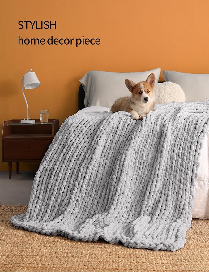 YnM Chunky Throw Blanket, Hand Knitted with Chenille Yarn, Skin Friendly, Ventilated and Breathable, Machine Washable, Home Décor Piece for Couch, Sofa and Bed (Glacier Grey, 30x40 Inch)