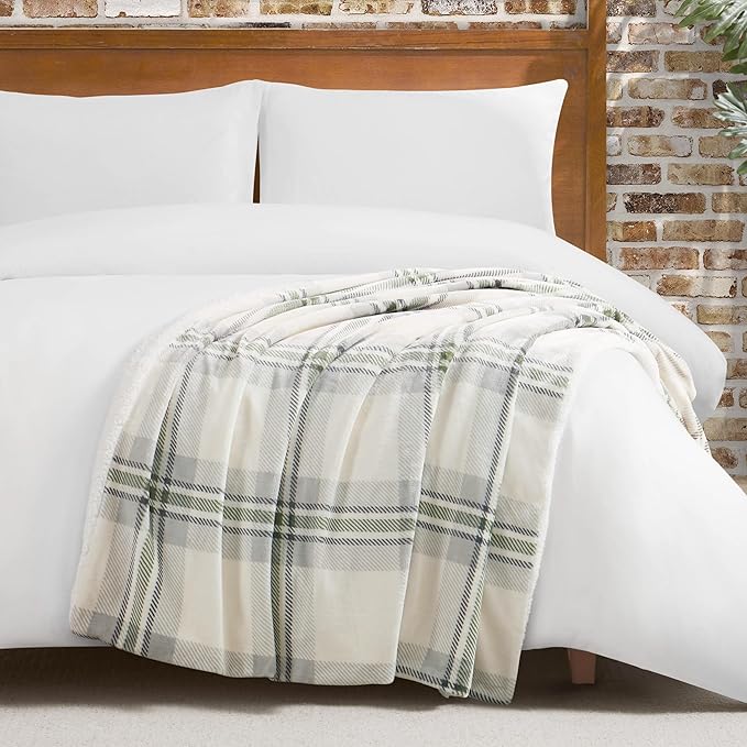 Lucky Brand Sherpa Plaid Grey/Olive 50"X70" Cozy Plush Blanket - Premium Microfiber Throw for Luxurious Comfort and Style