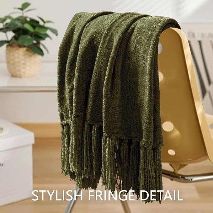 Chenille Throw Blanket for Couch 60"X 80" Twin, Soft Cozy Throws with Fringe Tassel for Bed Sofa Chair Cover, Lightweight Knitted Decorative Boho Blankets for Living Room, Olive Green