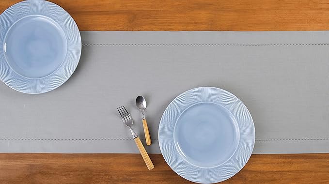 Solino Home Light Grey Table Runner 60 Inches - Cotton Linen Hemstitch Coffee Table Runner 14 x 60 Inch Ideal for Dresser Tables - Summer, Fall, Autumn, Halloween