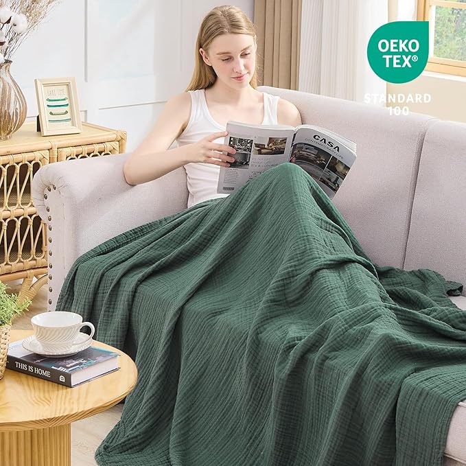 EMME Cotton Muslin Twin XL Blanket Breathable Gauze Blanket Soft Lightweight Blankets Adults Gifts for Women (Forest Green, 60"x80")